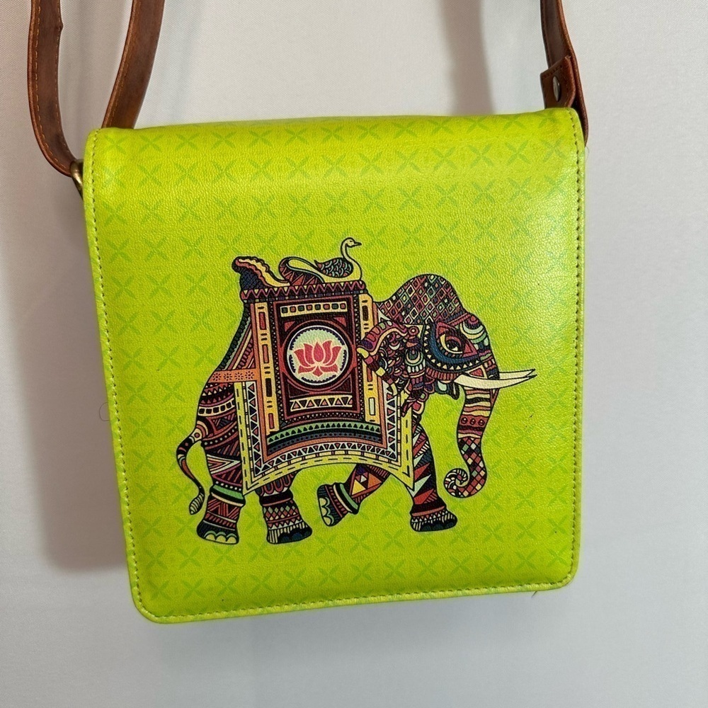 The Bombay Store Signature Elephant Sling Crossbody Bag Purse Green Brown Boho
